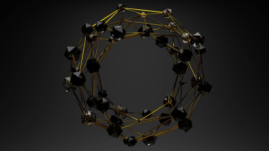 3D abstract geometric structure with gold lines and black polygons on a dark background.